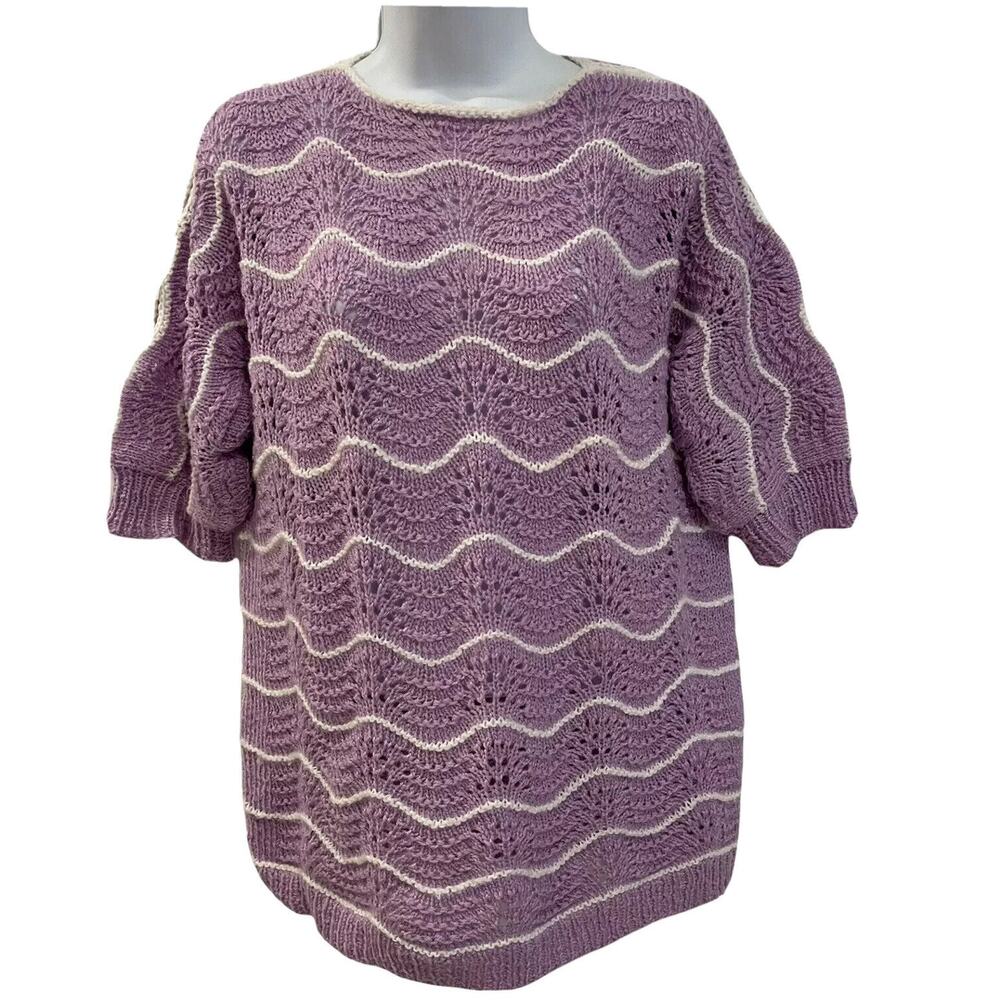 Womens M L Hand‎ Knit Handmade Purple Short Sleeve Sweater Grannycore Cottage